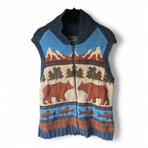 Woolrich woven scenic cotton zip up sweater vest L with trees bears fish